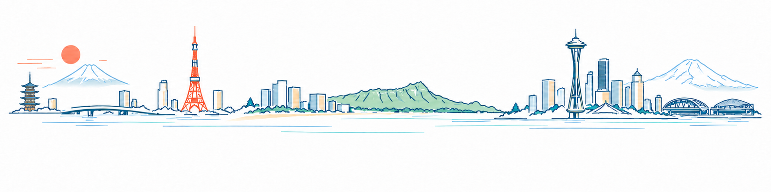 AI-assisted ink and watercolor illustration of Tokyo, Diamond Head, and Seattle along one shoreline