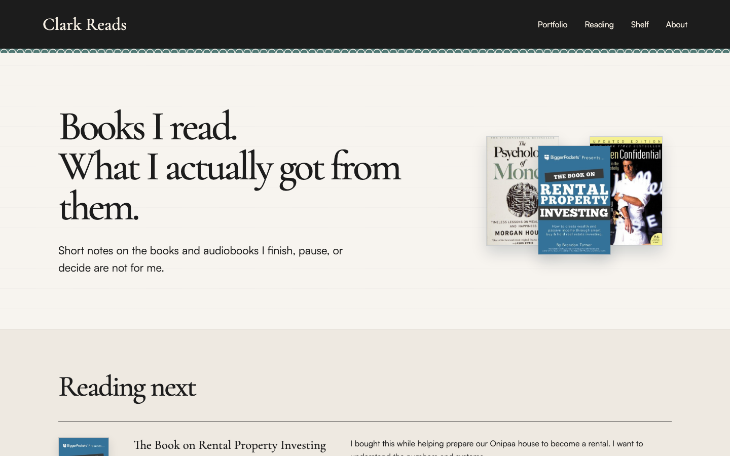 The Clark Reads site: a serif headline reading 'Books I read. What I actually got from them.' beside three book covers, above the start of the reading list.