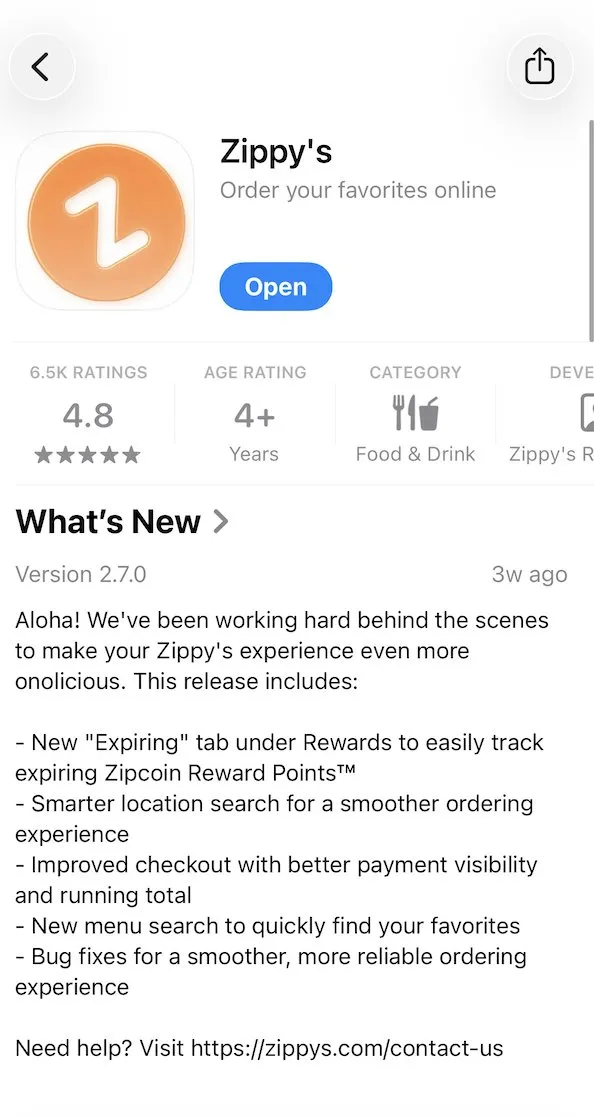 Zippy's app listing on the App Store showing a 4.8 rating across 6.5K reviews