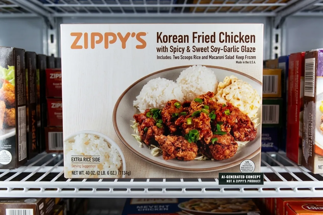 AI-generated concept mockup: a Zippy's Korean Fried Chicken frozen dinner box on a supermarket freezer shelf. Not a real Zippy's product.