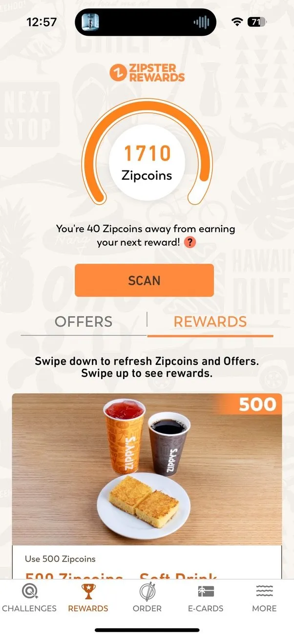 Zipster Rewards screen inside the Zippy's app showing a Zipcoins balance and a redeemable reward