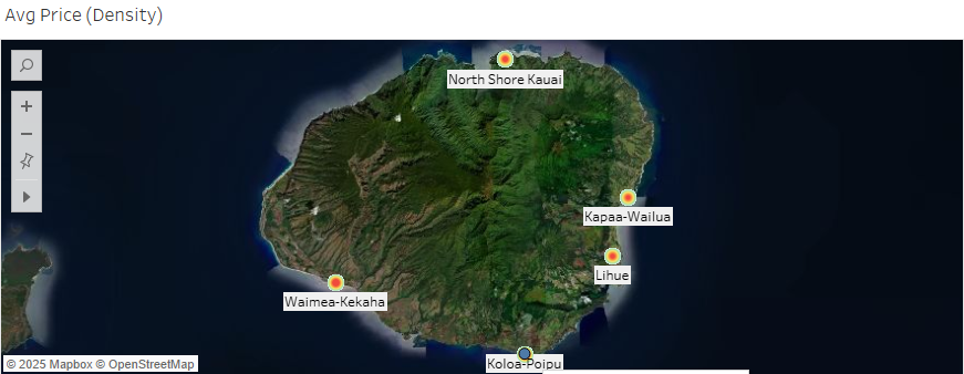 Kaua'i map with neighborhood price-density markers for North Shore Kaua'i, Kapa'a-Wailua, Līhu'e, Waimea-Kekaha and Kōloa-Po'ipū.